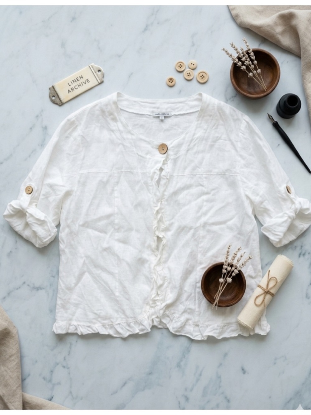 Lea Rigoli Linen Ruffle Trim Button Front Cardigan Boho 3/4 Sleeve Woman Plus 1X